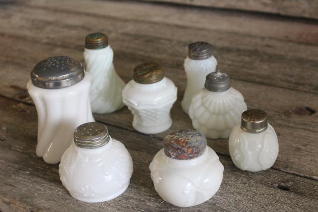 photo of antique vintage milk glass shakers, Victorian era EAPG pressed glass patterns #8