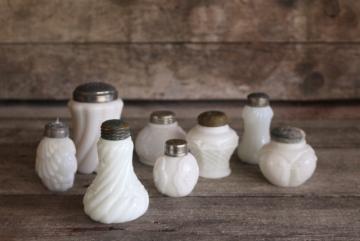 catalog photo of antique vintage milk glass shakers, Victorian era EAPG pressed glass patterns