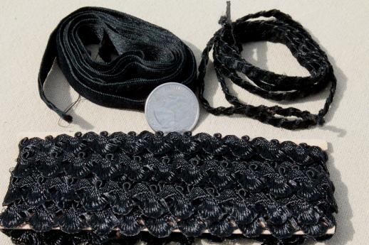 photo of antique & vintage mourning dress sewing trims lot, silk sash ribbon, lace flounce, heavy veil #2