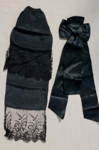 photo of antique & vintage mourning dress sewing trims lot, silk sash ribbon, lace flounce, heavy veil #14