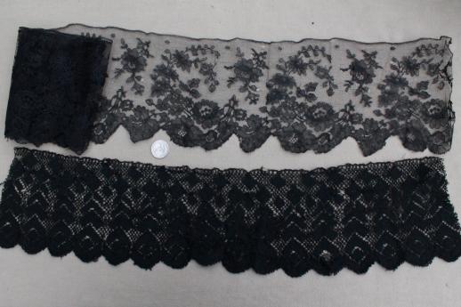 photo of antique & vintage mourning dress sewing trims lot, silk sash ribbon, lace flounce, heavy veil #2