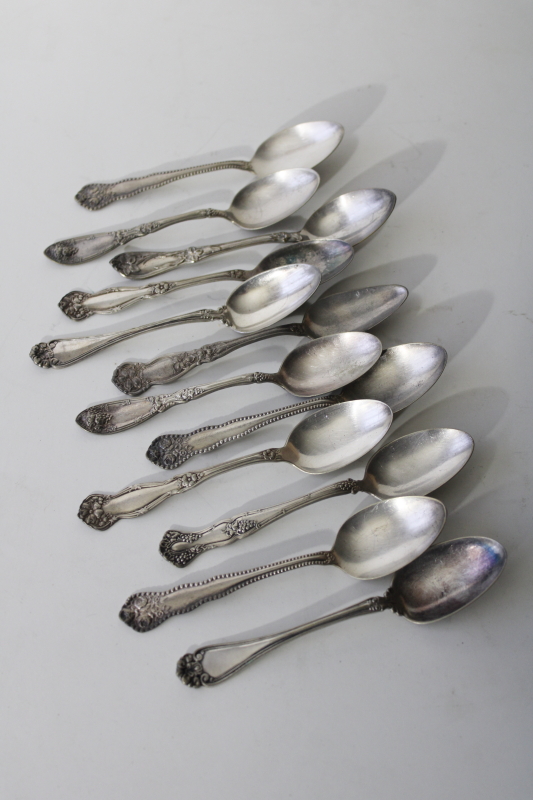 photo of antique vintage ornate silver plated spoons, mismatched teaspoons, shabby tarnished silver #1