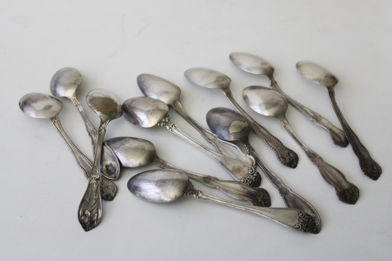 photo of antique vintage ornate silver plated spoons, mismatched teaspoons, shabby tarnished silver #2