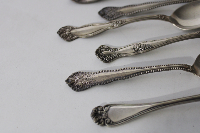 photo of antique vintage ornate silver plated spoons, mismatched teaspoons, shabby tarnished silver #3