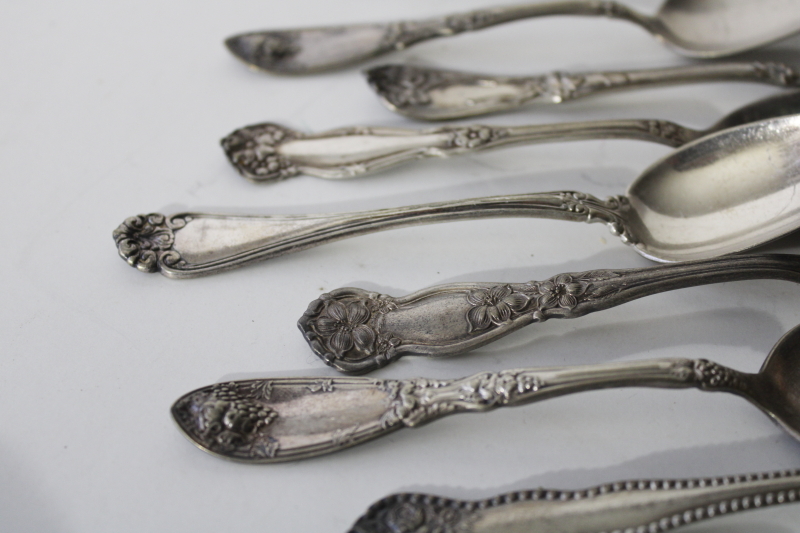 photo of antique vintage ornate silver plated spoons, mismatched teaspoons, shabby tarnished silver #4