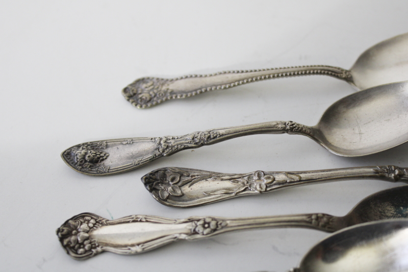 photo of antique vintage ornate silver plated spoons, mismatched teaspoons, shabby tarnished silver #5