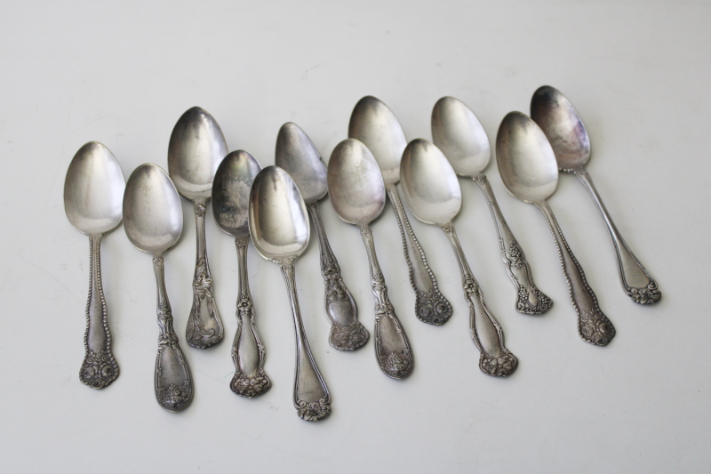 photo of antique vintage ornate silver plated spoons, mismatched teaspoons, shabby tarnished silver #6