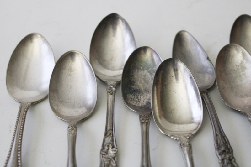 photo of antique vintage ornate silver plated spoons, mismatched teaspoons, shabby tarnished silver #7