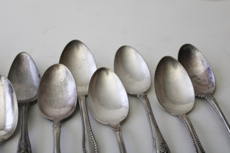 photo of antique vintage ornate silver plated spoons, mismatched teaspoons, shabby tarnished silver #8