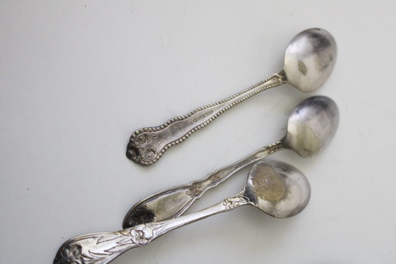 photo of antique vintage ornate silver plated spoons, mismatched teaspoons, shabby tarnished silver #9