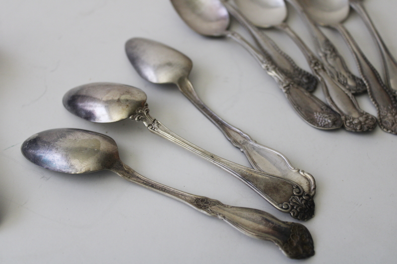 photo of antique vintage ornate silver plated spoons, mismatched teaspoons, shabby tarnished silver #10