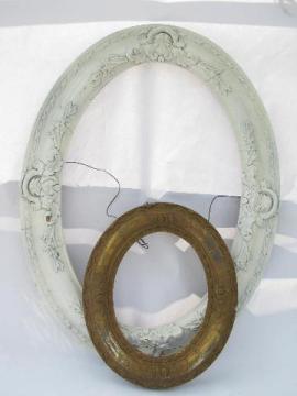 catalog photo of antique vintage oval frames, ornate gesso on wood, gold & old white paint