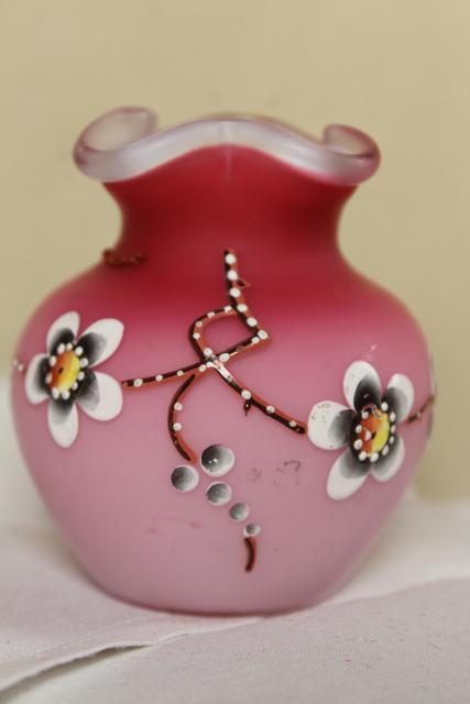 photo of antique vintage peach blow satin glass vase, cherry blossom hand painted moriage #1