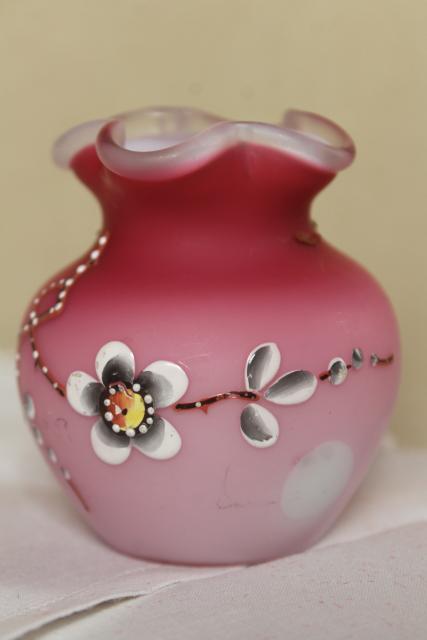 photo of antique vintage peach blow satin glass vase, cherry blossom hand painted moriage #2