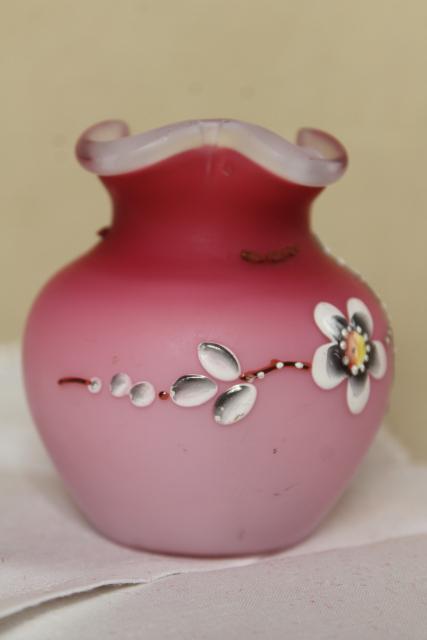 photo of antique vintage peach blow satin glass vase, cherry blossom hand painted moriage #4