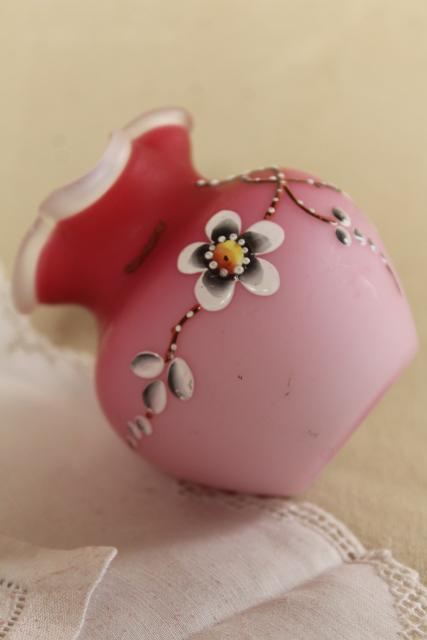 photo of antique vintage peach blow satin glass vase, cherry blossom hand painted moriage #5