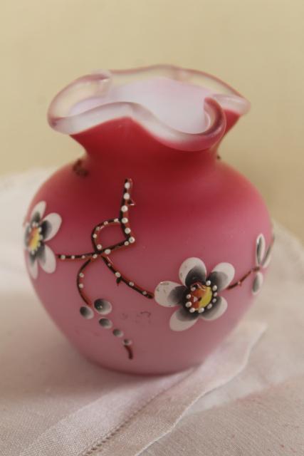 photo of antique vintage peach blow satin glass vase, cherry blossom hand painted moriage #9