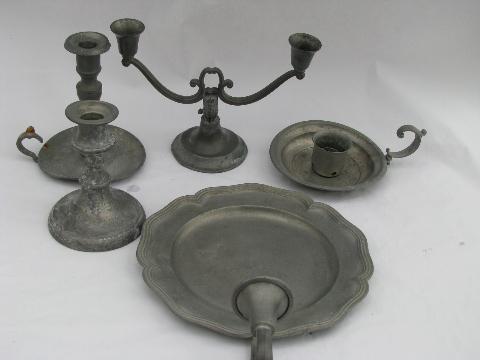 photo of antique vintage pewter candlesticks lot and wall sconce candle bracket #1