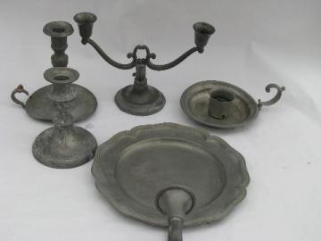 catalog photo of antique vintage pewter candlesticks lot and wall sconce candle bracket