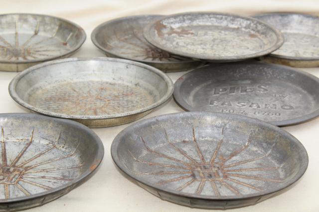 photo of antique & vintage pie tins, old metal pie pans, rustic camp style plates  #5