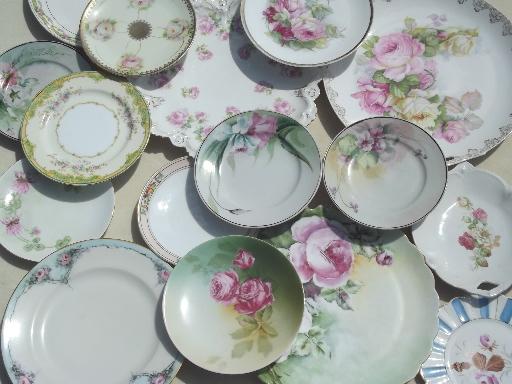 photo of antique vintage pink roses china plates lot, rose floral porcelain plates #1