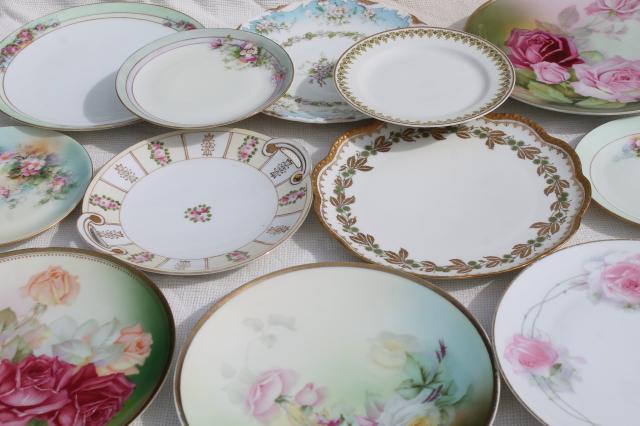 photo of antique vintage plate collection, mismatched china plates w/ hand painted flowers #1