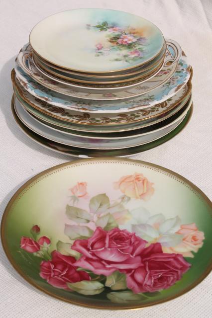 photo of antique vintage plate collection, mismatched china plates w/ hand painted flowers #9