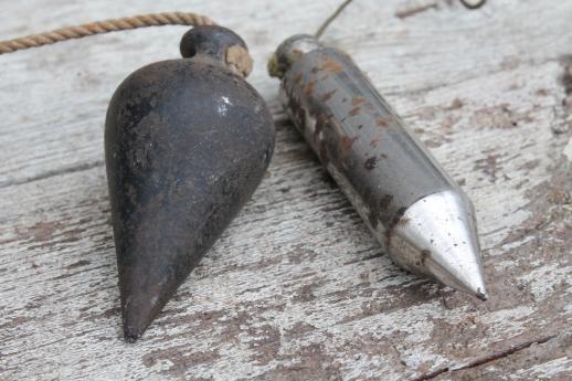 photo of antique vintage plumb bob, lot of 2 old iron plumb bobs #5