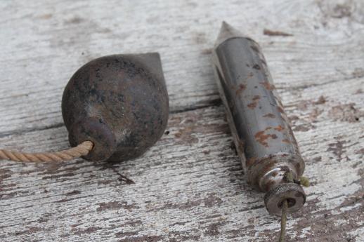 photo of antique vintage plumb bob, lot of 2 old iron plumb bobs #6