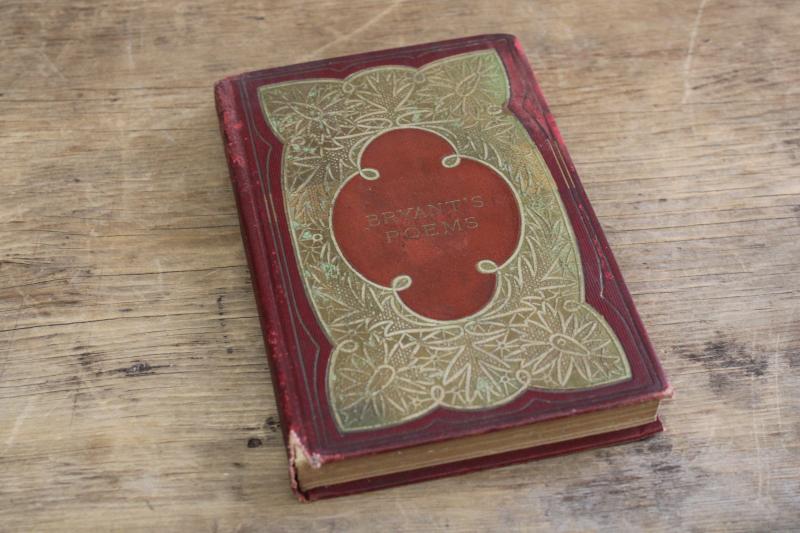 photo of antique vintage poetry book, old hardcover binding w/ gold Bryantâ€™s poems #1