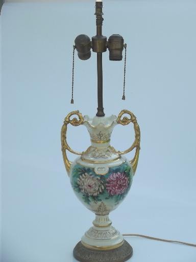 photo of antique vintage porcelain urn lamp, hand painted flowers & gold gilt #2