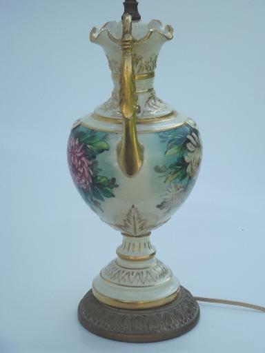 photo of antique vintage porcelain urn lamp, hand painted flowers & gold gilt #3