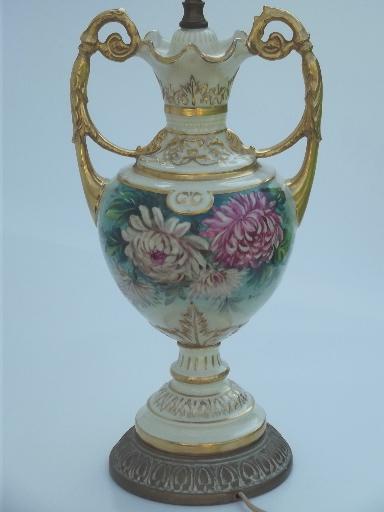 photo of antique vintage porcelain urn lamp, hand painted flowers & gold gilt #4