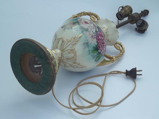 photo of antique vintage porcelain urn lamp, hand painted flowers & gold gilt #7