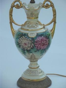 catalog photo of antique vintage porcelain urn lamp, hand painted flowers & gold gilt