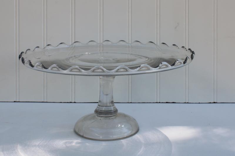 photo of antique vintage pressed glass cake stand, bakery pedestal plate w/ scalloped rim #2