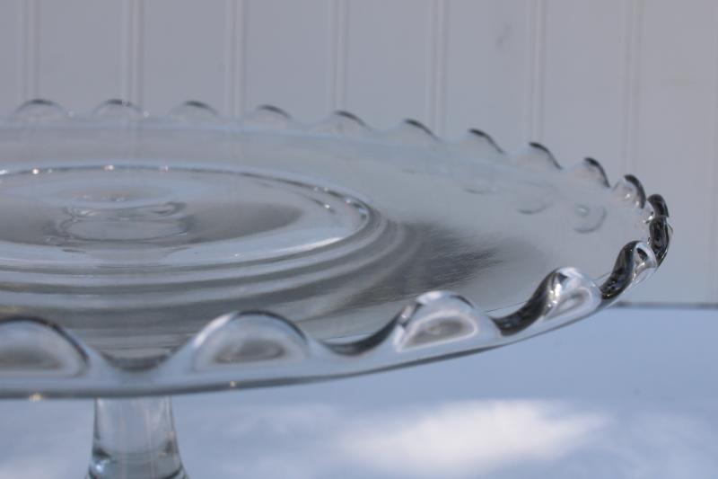 photo of antique vintage pressed glass cake stand, bakery pedestal plate w/ scalloped rim #4