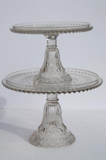 photo of antique vintage pressed glass cake stands large & small plates w/ brandy well rims #1