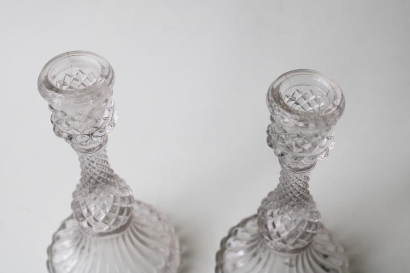 photo of antique vintage pressed pattern glass candlesticks, sawtooth diamond block candle holders pair #2