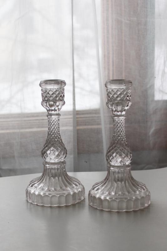 photo of antique vintage pressed pattern glass candlesticks, sawtooth diamond block candle holders pair #5