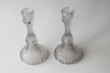 catalog photo of antique vintage pressed pattern glass candlesticks, sawtooth diamond block candle holders pair