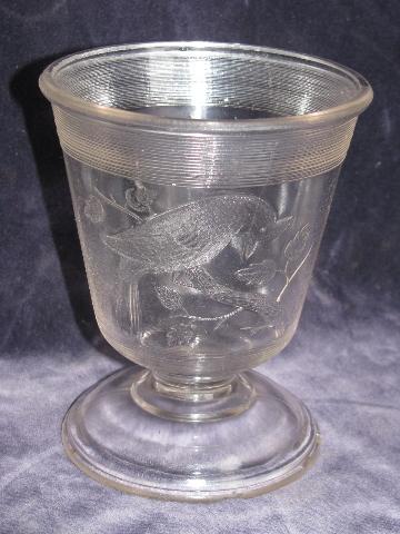 photo of antique vintage pressed pattern table glass, spooner or celery vase w/ parrots #2