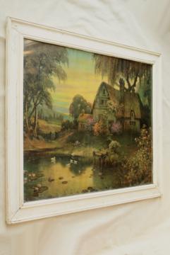 catalog photo of antique vintage print, thatched cottage garden pond scene in chippy old white paint wood frame