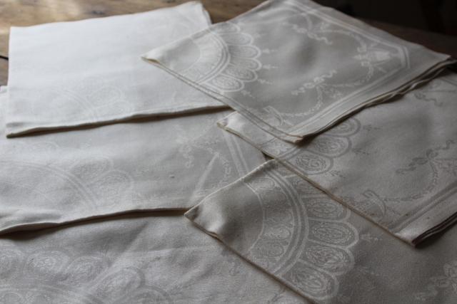 photo of antique vintage pure linen damask dinner napkins set, never used table linens #1