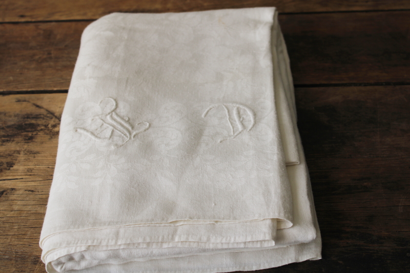 photo of antique vintage pure linen damask tablecloth w/ hand embroidered monogram, banquet size cloth #1