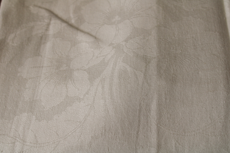 photo of antique vintage pure linen damask tablecloth w/ hand embroidered monogram, banquet size cloth #3