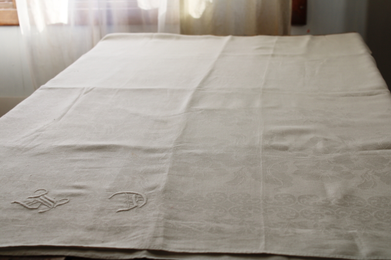 photo of antique vintage pure linen damask tablecloth w/ hand embroidered monogram, banquet size cloth #4