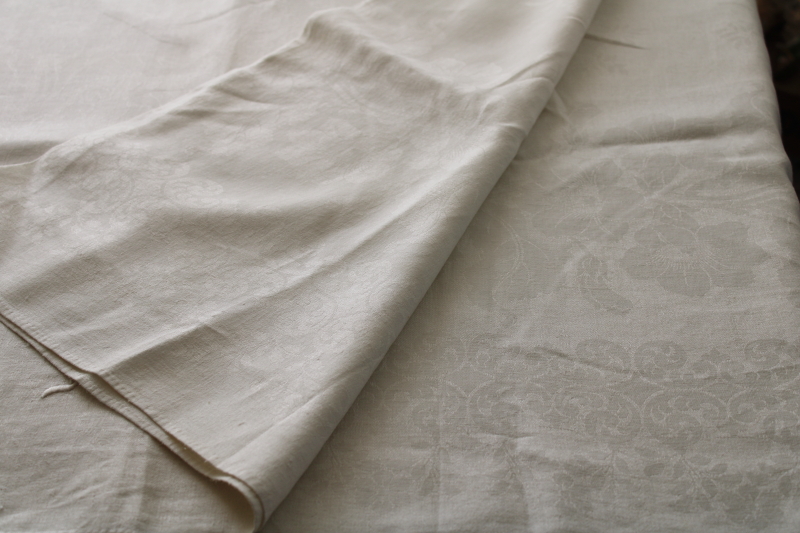 photo of antique vintage pure linen damask tablecloth w/ hand embroidered monogram, banquet size cloth #5