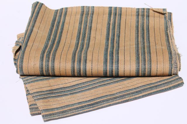 photo of antique vintage pure linen ticking stripe fabric, primitive shabby old indigo blue / flax brown #1