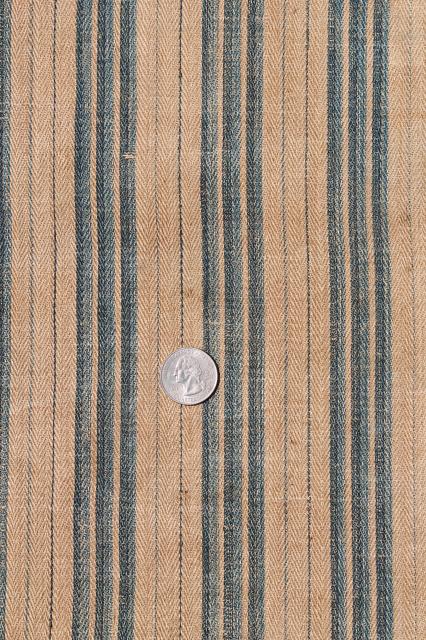 photo of antique vintage pure linen ticking stripe fabric, primitive shabby old indigo blue / flax brown #2